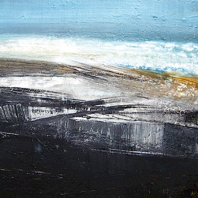 A card with an abstract representation of Delabole slate, featuring textures and colors, signed by Andrew Palmer.
