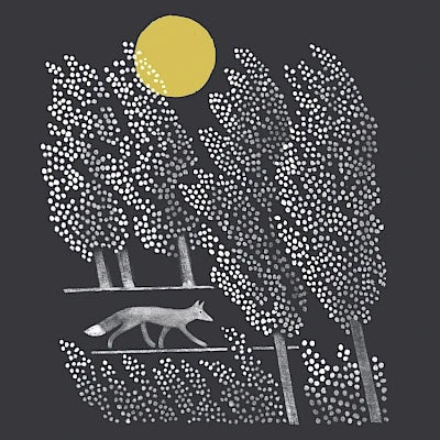 Greeting card featuring an illustration of a fox walking under trees with a crescent moon in the background, done in a stylized, minimalistic style.