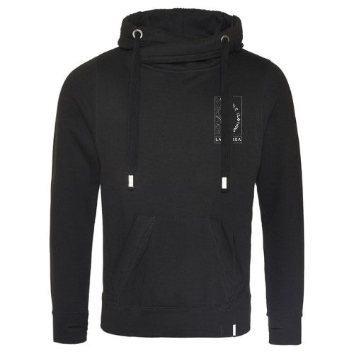 The wild isle hood black hoodie, with logo on left chest, deep pocket, thumb holes on the cuffs