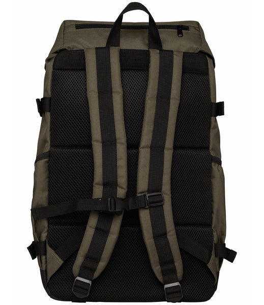The back straps and back view of the 26L daypack and overnight bag in khaki and black shown on a white background 