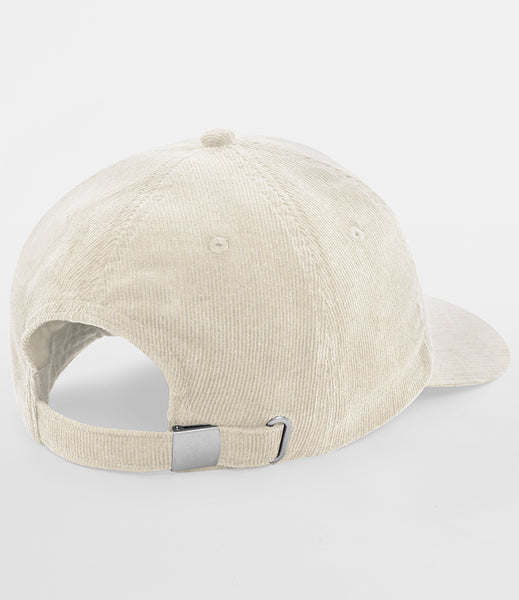 The back view of the Wild Isle Explorer Corduroy Cap in stone showing the adjustable strap