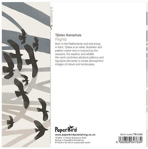 Back cover of a PaperBird card titled 'Tijtske Kamphuis Flights', featuring black bird silhouettes on a gray and white abstract background, with product text and barcode on a white page.
