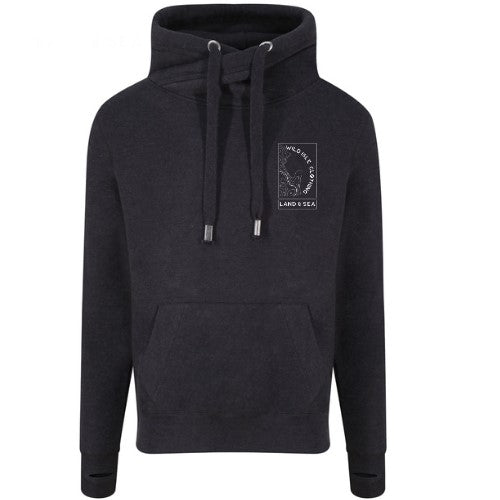 The wild isle granite grey hoodie with cross nek, logo on left chest, deep pocket and thumb holes on the cuffs