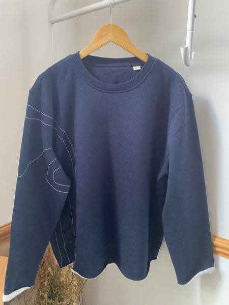 Wild Isle Topography Raw Edge Crew Neck Sweatshirt - Nautical Navy