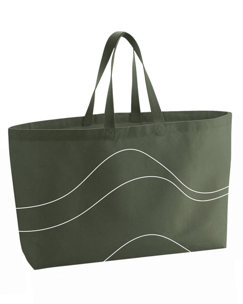 Khaki Green extra large heavy canvas tote bag with topography stitched design on the front. On a white background.