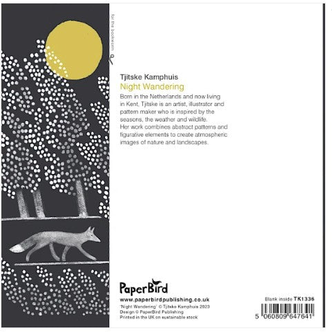 Back cover of the card 'Night Wandering' by Tjitske Kamphuys, published by Paperbird. The cover features a minimalist abstract design with a dark gray background, white dotted tree-like patterns, a yellow sun, and a white fox silhouette on the left side, with black text on the right side.