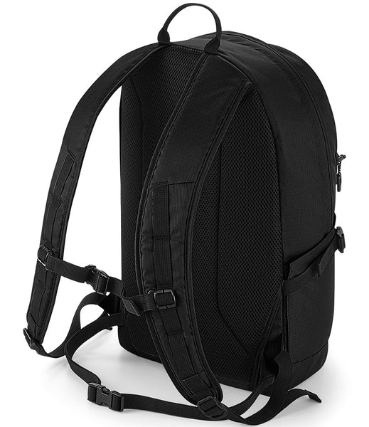 Back view including back straps of the black 20L outdoor back pack on a white background 