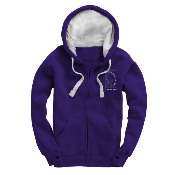 Wild Isle Trail Zip Up Hoodie, with white waffle hood, white drawstrings, logo, thumb holes on the sleeve. On a white background.