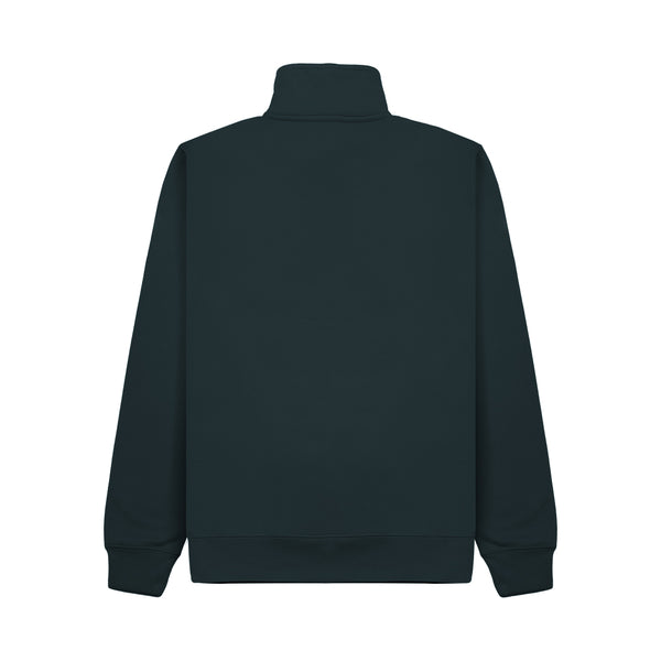 A dark blue long-sleeve sweatshirt with a mock neck, shown from the back on a plain white background.