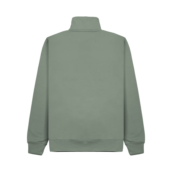 A sage green half-zip sweatshirt shown from the back, featuring a mock neck collar, ribbed cuffs, and a ribbed hem, displayed on a solid white background.