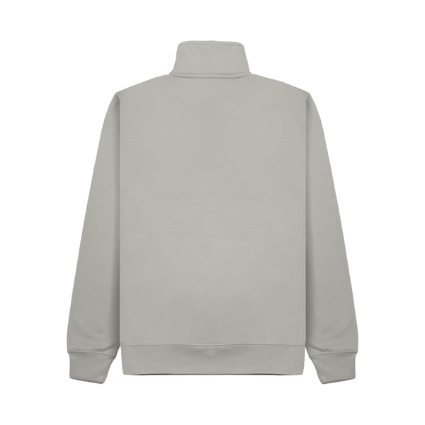 A light grey half-zip sweatshirt shown from the back, featuring a mock neck collar, ribbed cuffs, and a ribbed hem, displayed on a solid white background.
