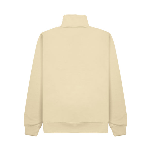 A light beige mock neck sweatshirt shown from the back, featuring a solid color design and ribbed cuffs and hem, set against a plain white background.