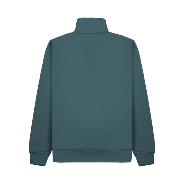 A blue long-sleeve sweatshirt shown from the back, featuring a mock neck, ribbed cuffs, and a ribbed hem, displayed against a solid white background.
