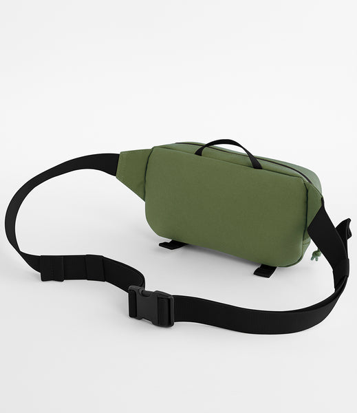 The back view of the ramble belt bag in moss green shown on a white background 