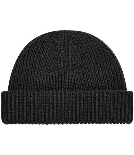 A classic black ribbed knit beanie hat with a folded cuff, shown against a plain white background.