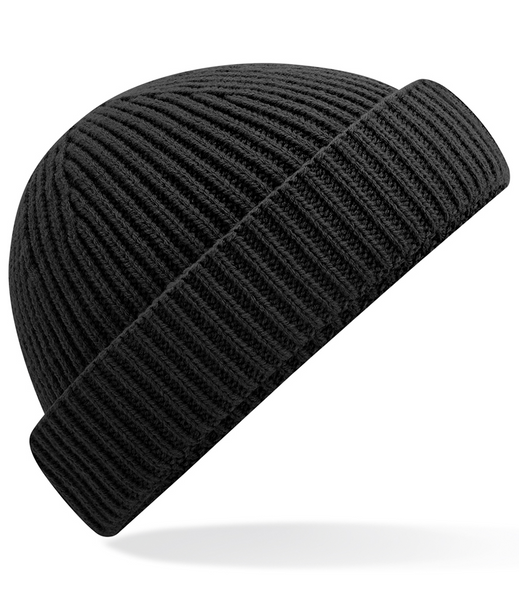 Black ribbed knit beanie on a white background