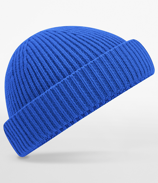 A bright blue ribbed knit beanie hat shown at an angle on a clean white background.