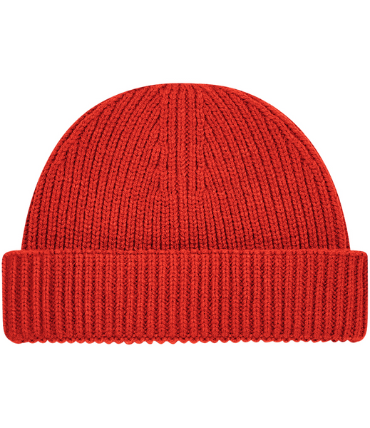 A bright red ribbed knit beanie hat with a folded cuff, shown against a plain white background.