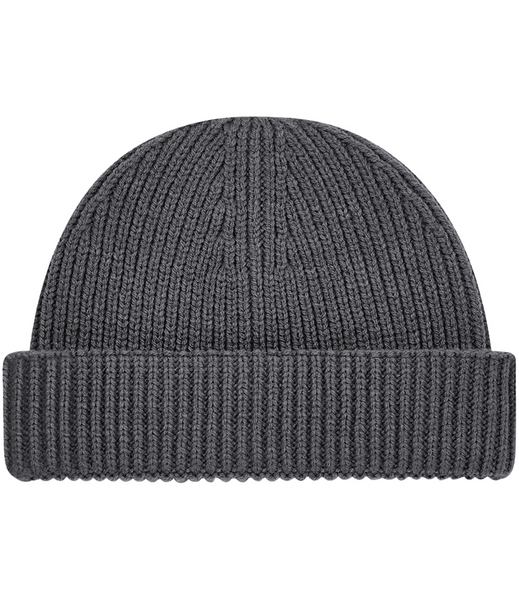 A dark gray ribbed knit beanie hat with a folded cuff, shown against a plain white background.