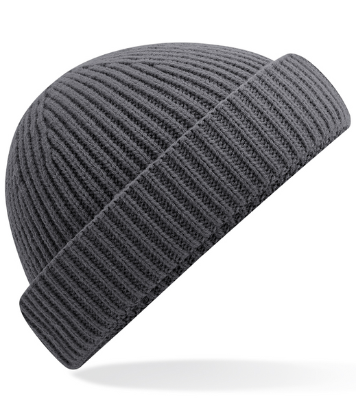 Grey knit beanie on a white background