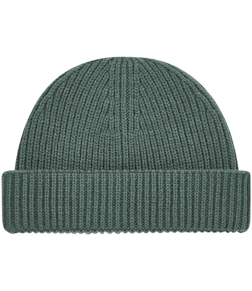 A marine green ribbed knit beanie hat with a folded cuff, shown against a plain white background.