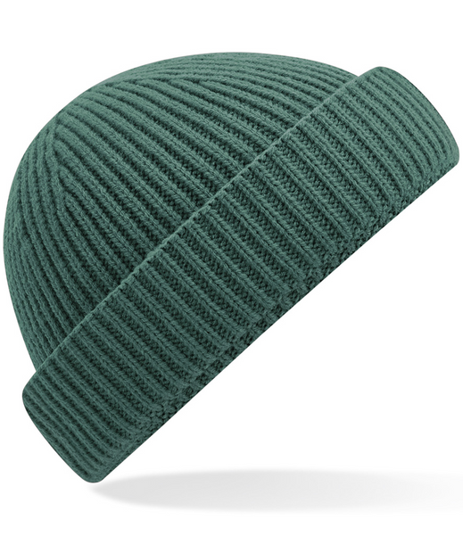 Marine green knit beanie on a white background