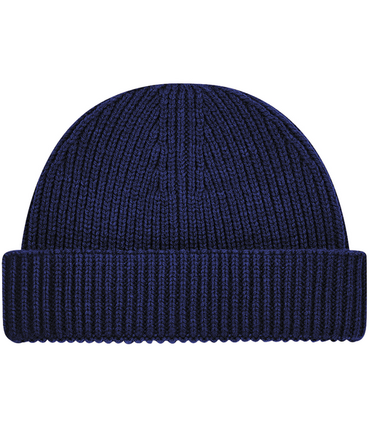 A dark navy blue ribbed knit beanie hat shown from a front-facing perspective on a solid white background.