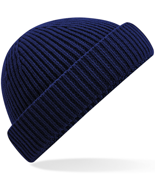 Navy knit beanie on a white background