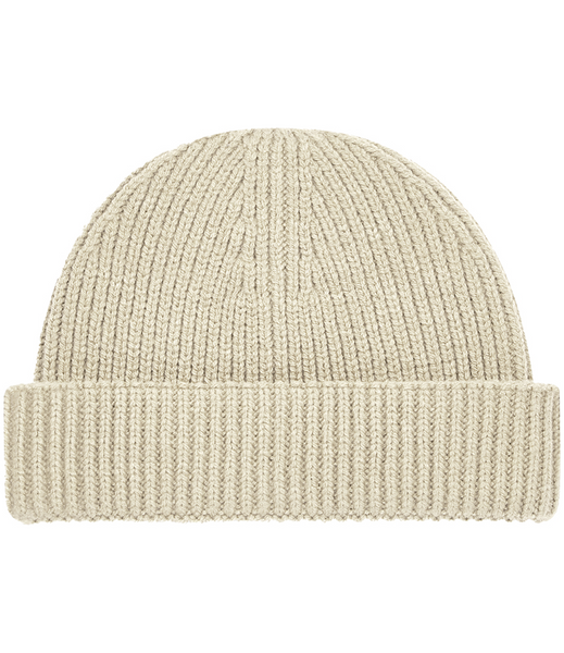 A light beige ribbed knit beanie hat shown from the front on a solid white background.