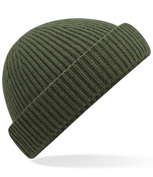 Olive Green ribbed knit beanie on a white background