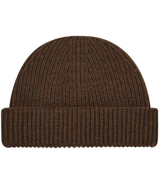 A classic ribbed knit beanie hat in a solid dark brown color, shown from a front-facing perspective on a clean white background.