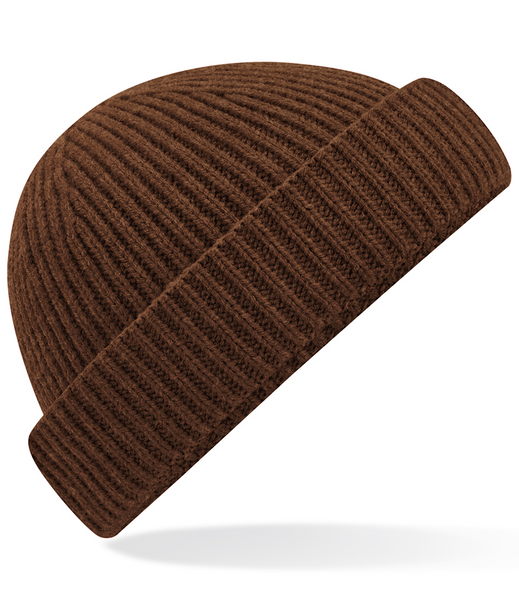 Brown knit beanie on a white background