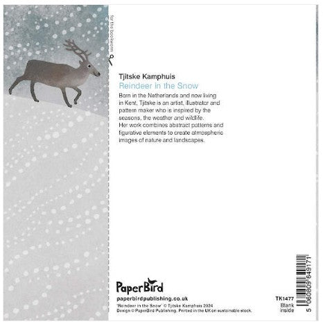 Back cover of a Paperbird art card titled 'Reindeer in the Snow' by Tijlke Kamphuis, featuring a gray reindeer illustration on a snowy white and light gray background with artist biography and barcode.