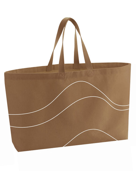 Sand colour extra large heavy canvas tote bag with topography stitched pattern on the front. On a white background.
