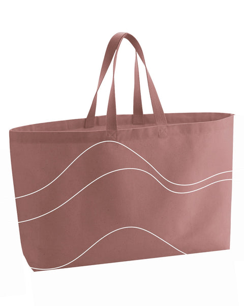 Sunset pink heavy canvas tote bag, extra large size. With topography stitched design  on the front. On a white background.