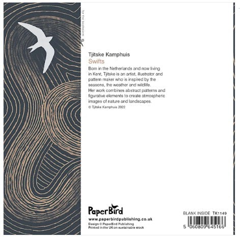 Back cover of a PaperBird book titled 'Swifts' by Tjitske Kamphuis, featuring a dark abstract wave-like pattern with a white bird silhouette on the left and product text on a white background on the right.