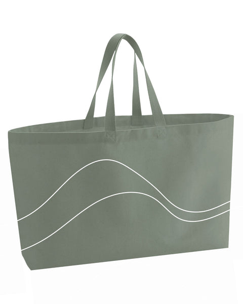 A large sage green tote bag with two shoulder straps and a minimalist white topography stitched pattern on the front, shown against a plain white background.