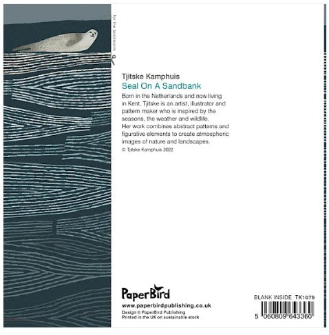 Back cover of a Paperbird book featuring a black-and-white illustrated seal on a striped background, with the title 'Seal On A Sandbank' and author text on a white cover.