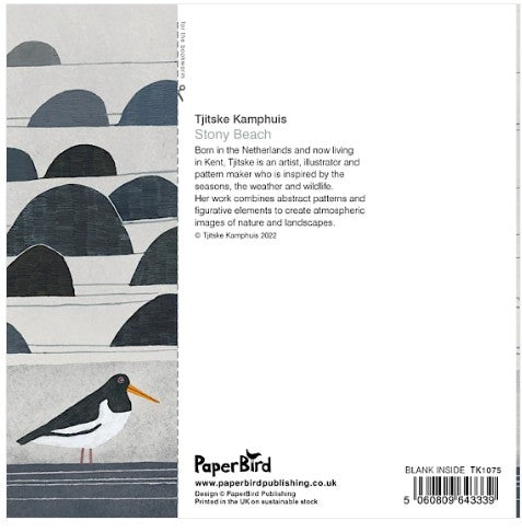Back cover of a book titled 'Stony Beach' by Tjitske Kamphuis, showing abstract wave-like patterns in gray, black, and white, a bird illustration, the PaperBird publisher logo, and a barcode.