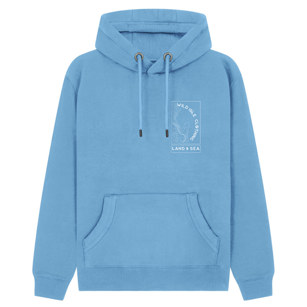 A light blue pullover hoodie with a white chest graphic shown on a plain white background.