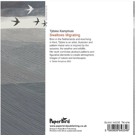 Back cover of a PaperBird publication titled 'Tijtske Kamphuise Swallows Migrating', with a gray swan illustration on the left and product text on a white background on the right.