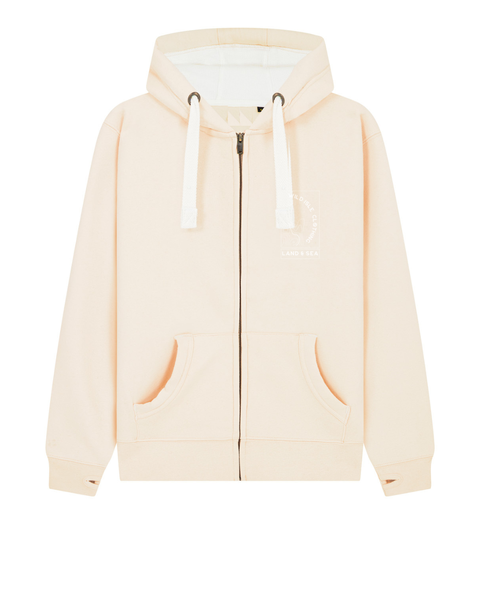 Ivory colour Wild Isle Trail Zip Up Hoodie with white waffle hood, white cord, logo on top left, thumb holes on sleeves. On a white background 