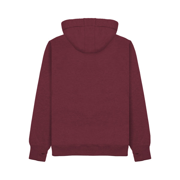 Wild Isle Trail Zip Up Hoodie in Moorland Red, from the back view .  On a white background.