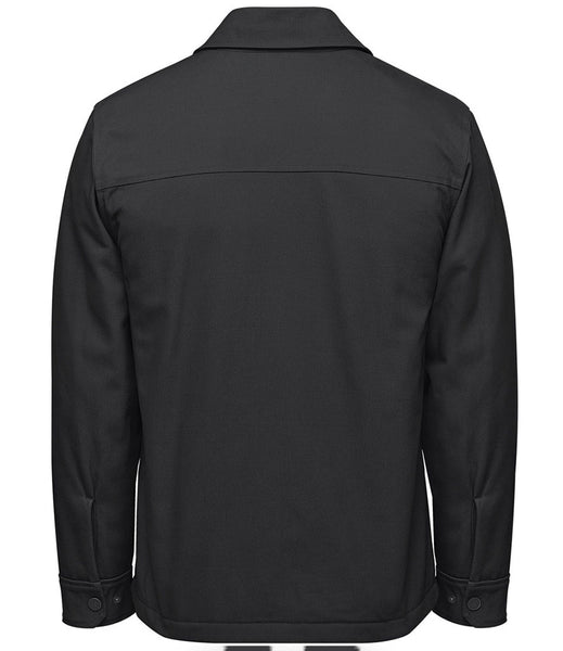 A black long-sleeve utility jacket shown from the back, featuring a collar, a horizontal seam across the upper back, and buttoned cuffs, set against a plain white background.