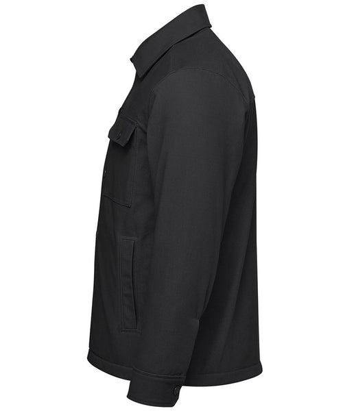 A dark charcoal gray utility jacket shown from a side profile view against a plain white background.