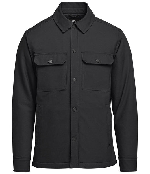 A black long-sleeve utility shirt jacket with a pointed collar, button-down front, and two buttoned chest flap pockets, shown on a plain white background.