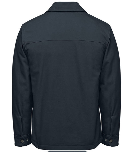 A dark navy blue work jacket shown from the back, featuring a collar, long sleeves, and buttoned cuffs, set against a plain white background.