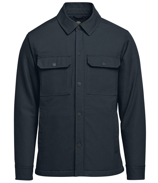 A dark navy blue utility shirt jacket with a button-down front, pointed collar, and two buttoned chest flap pockets, shown on a plain white background.