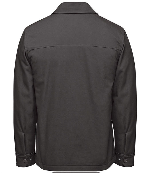 A dark charcoal gray long-sleeve utility jacket shown from the back, featuring a collar, a horizontal seam across the upper back, and buttoned cuffs, set against a plain white background.