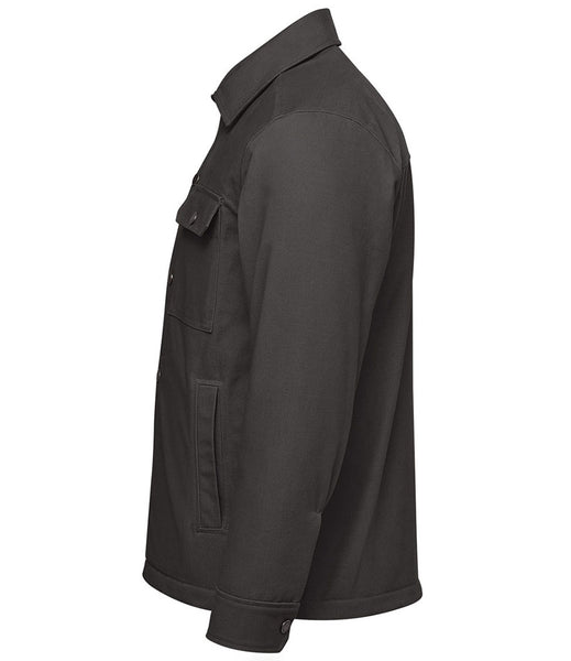 A dark gray utility jacket shown from a side profile view against a plain white background.